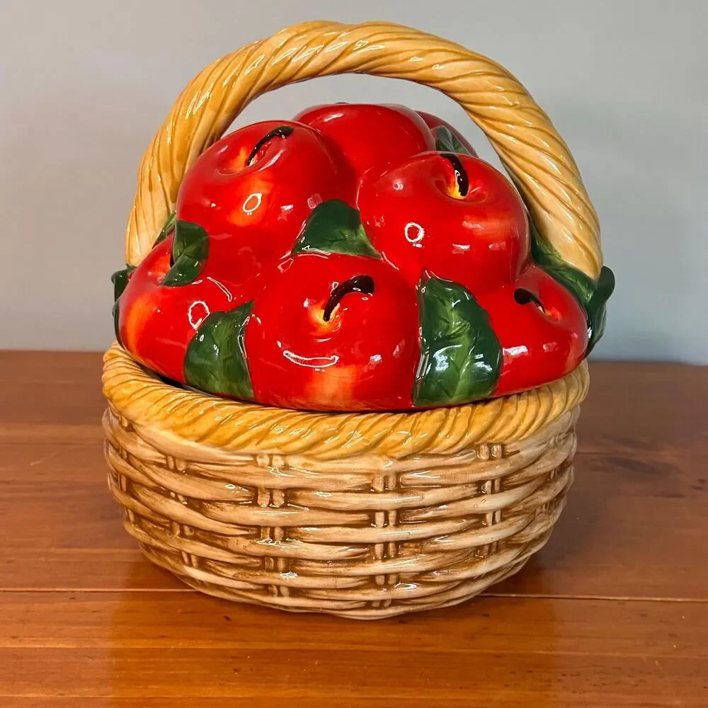 Vintage Ceramic Apple Basket Cookie Jar 1980s Hand Painted Fruit Canister Farmho